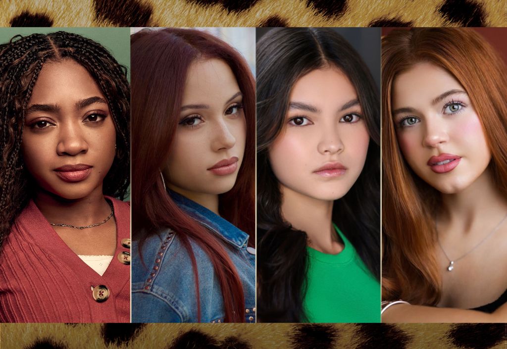 Portraits of four young women with diverse hair and skin tones, each with a thoughtful expression.