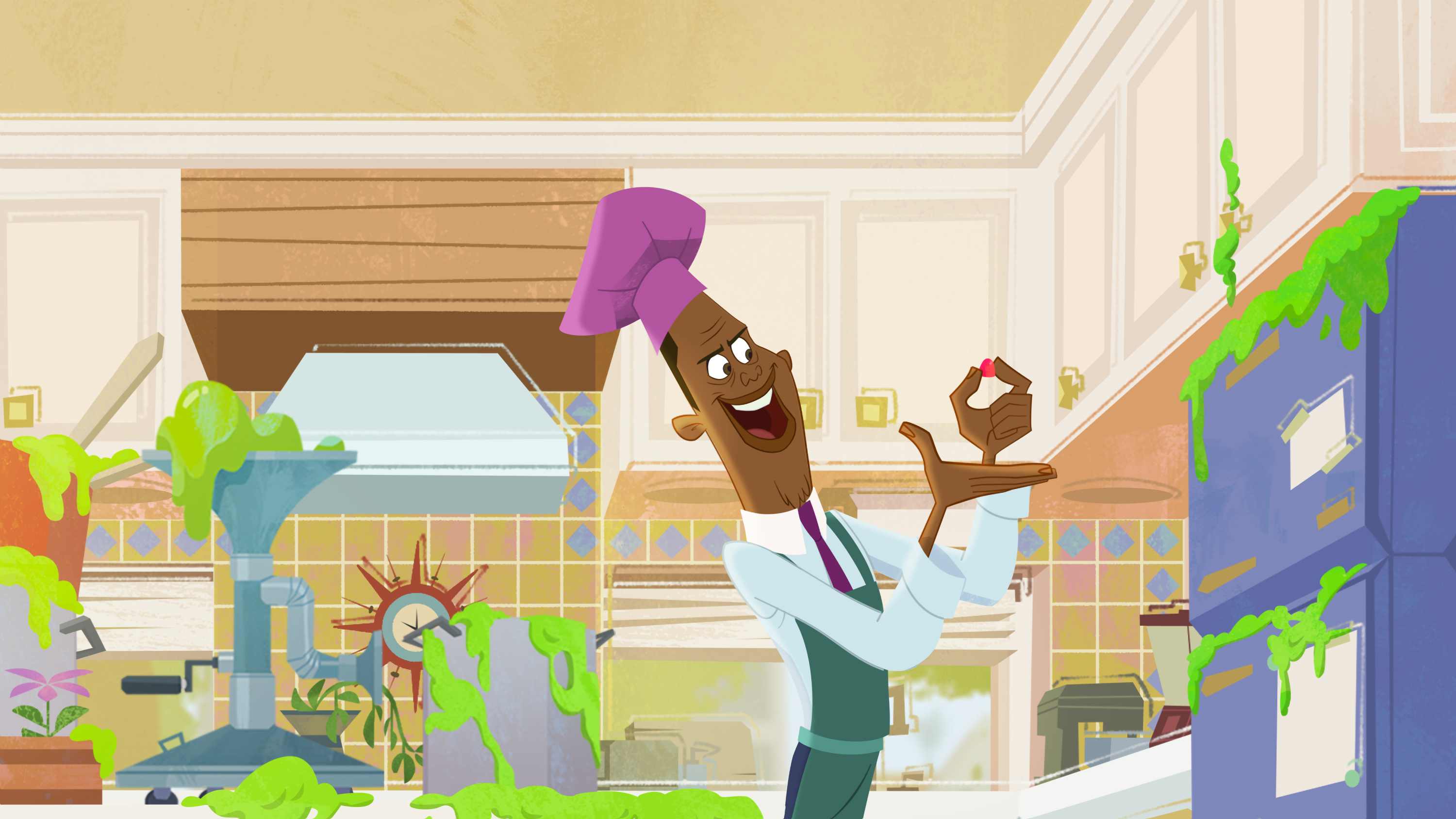 Animated character in a cluttered, colorful room gesturing excitedly with a big smile.