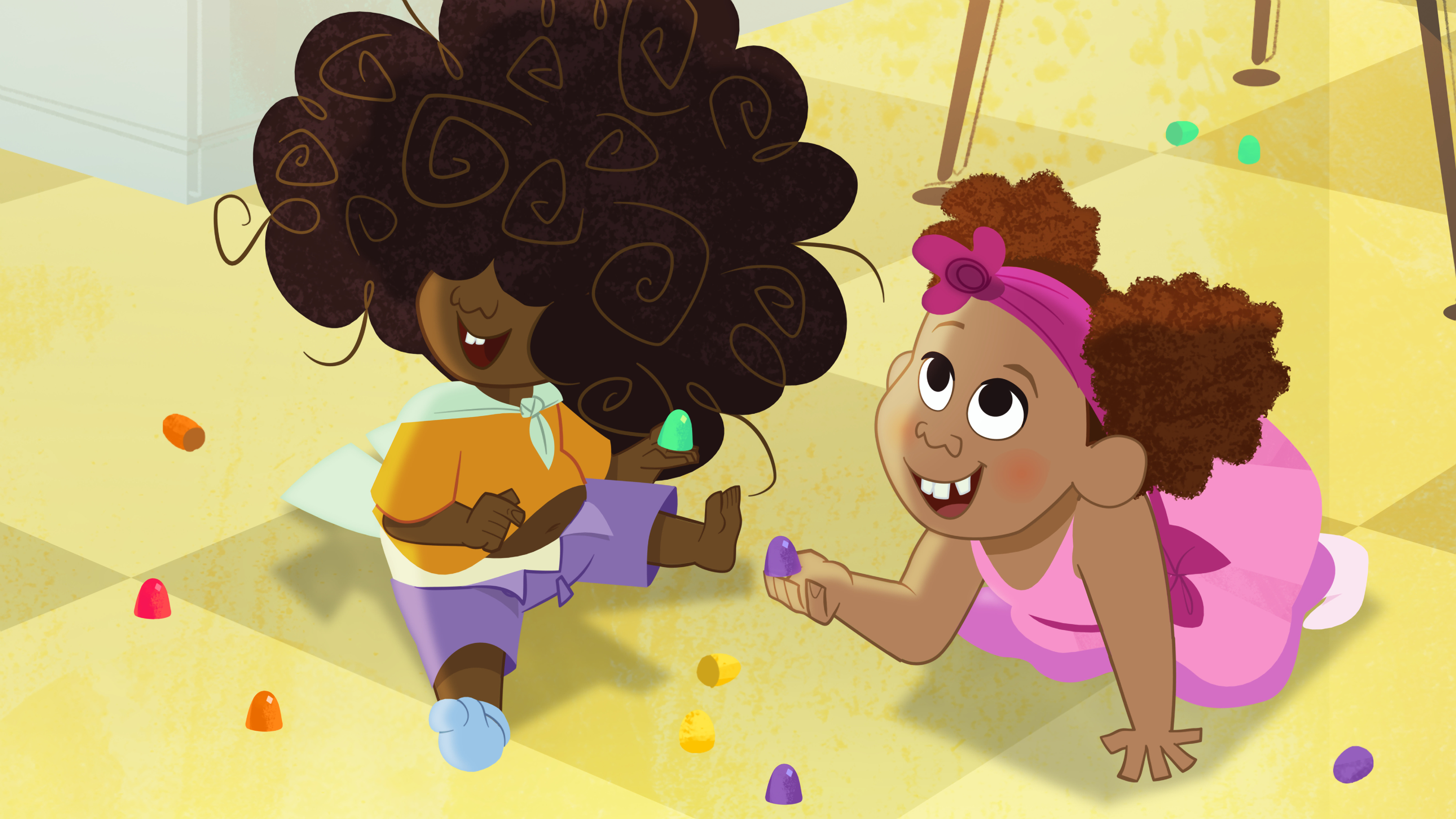 Two young girls, one with curly brown hair and the other with a pink headband, playing and laughing together in a colorful, whimsical setting.