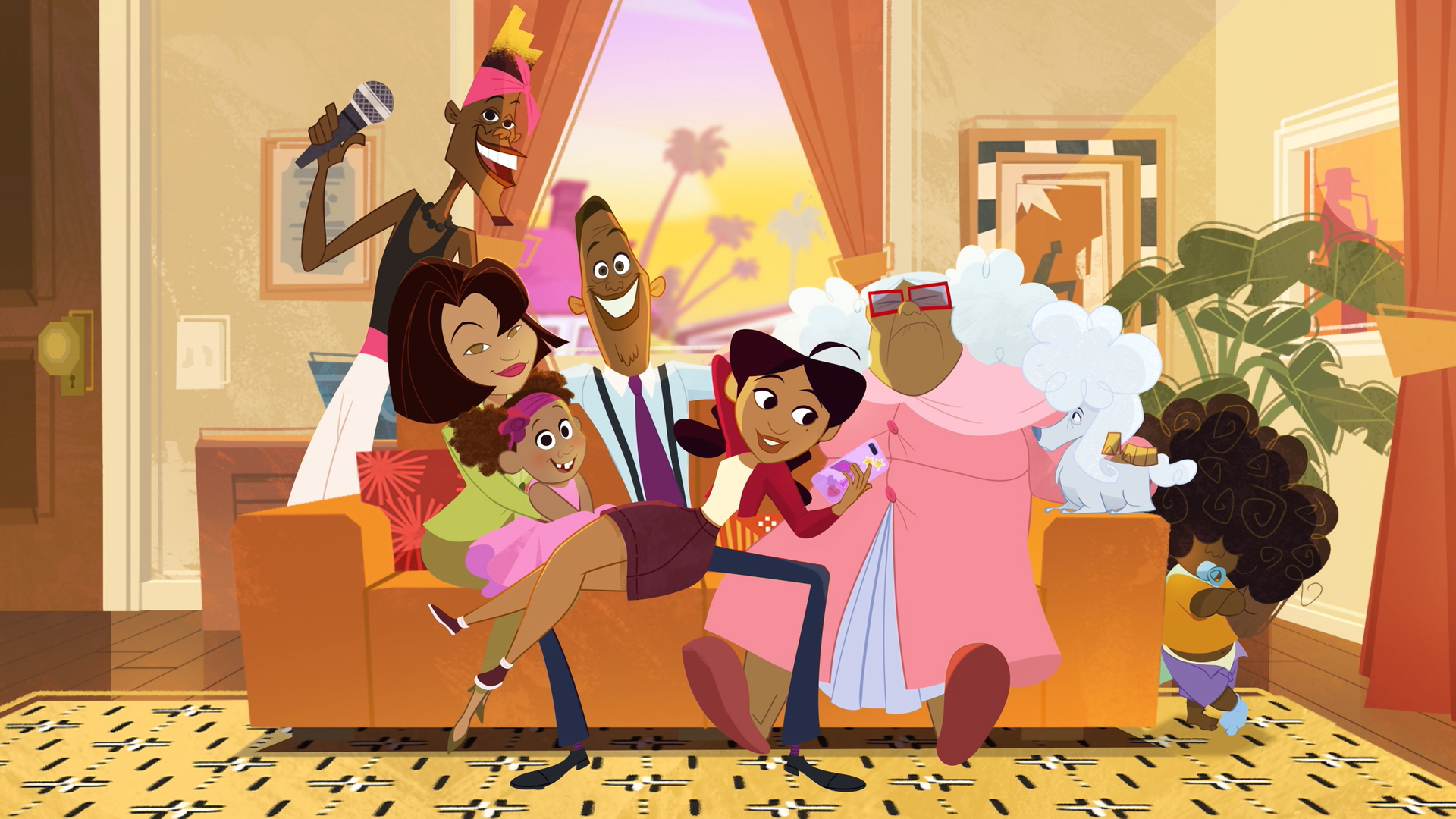 A lively animated scene of a diverse family gathered in a cozy living room, with a variety of colorful characters interacting and celebrating.
