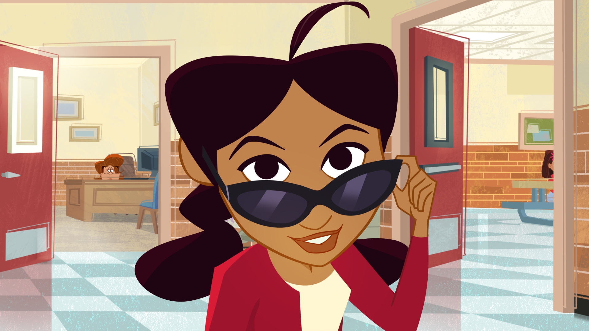 A cartoon illustration of a young woman with dark hair wearing sunglasses and a red jacket, standing in a school hallway.