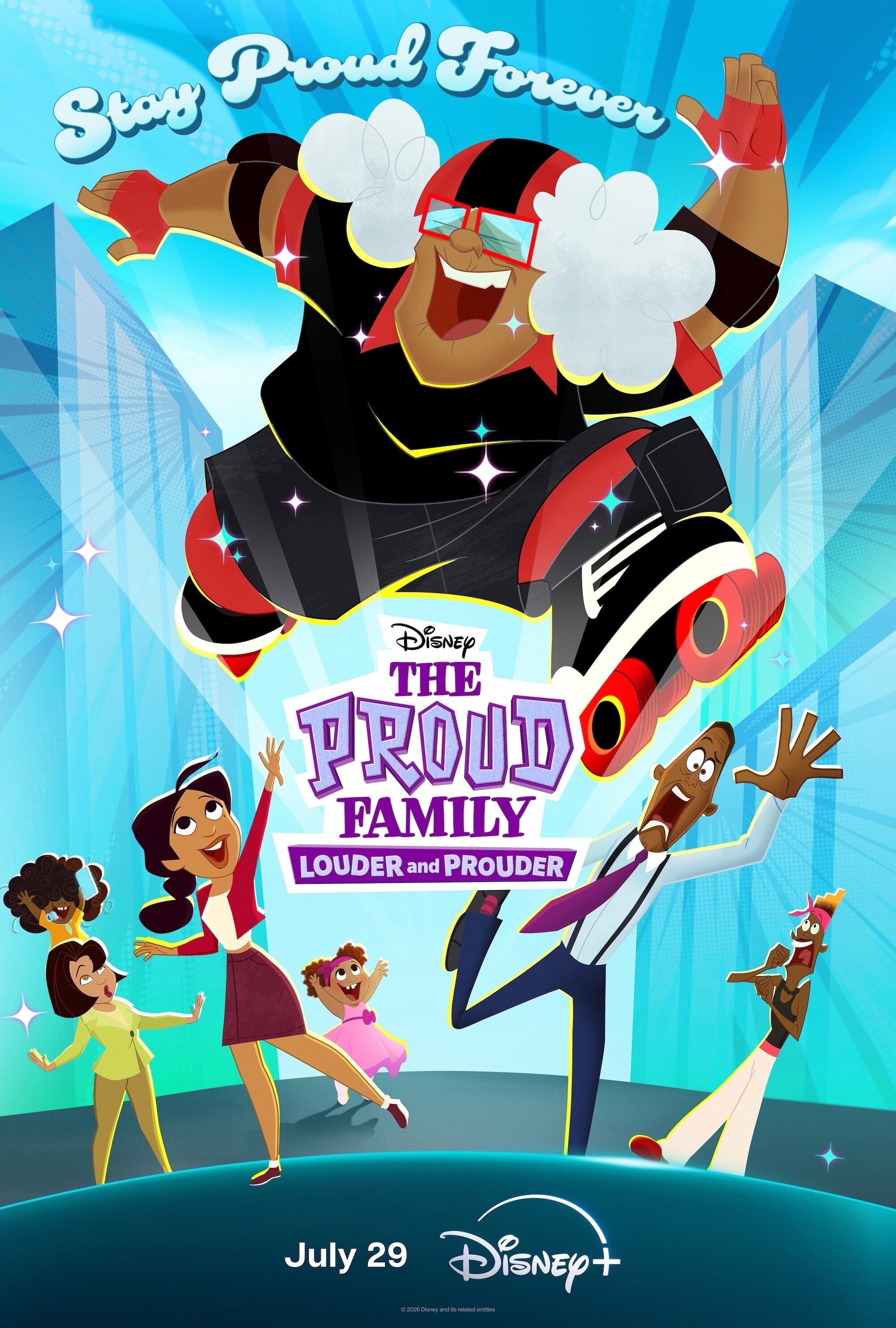 Colorful animated poster for the Disney+ film "The Proud Family: Louder and Prouder", featuring the main characters in a dynamic, energetic pose.