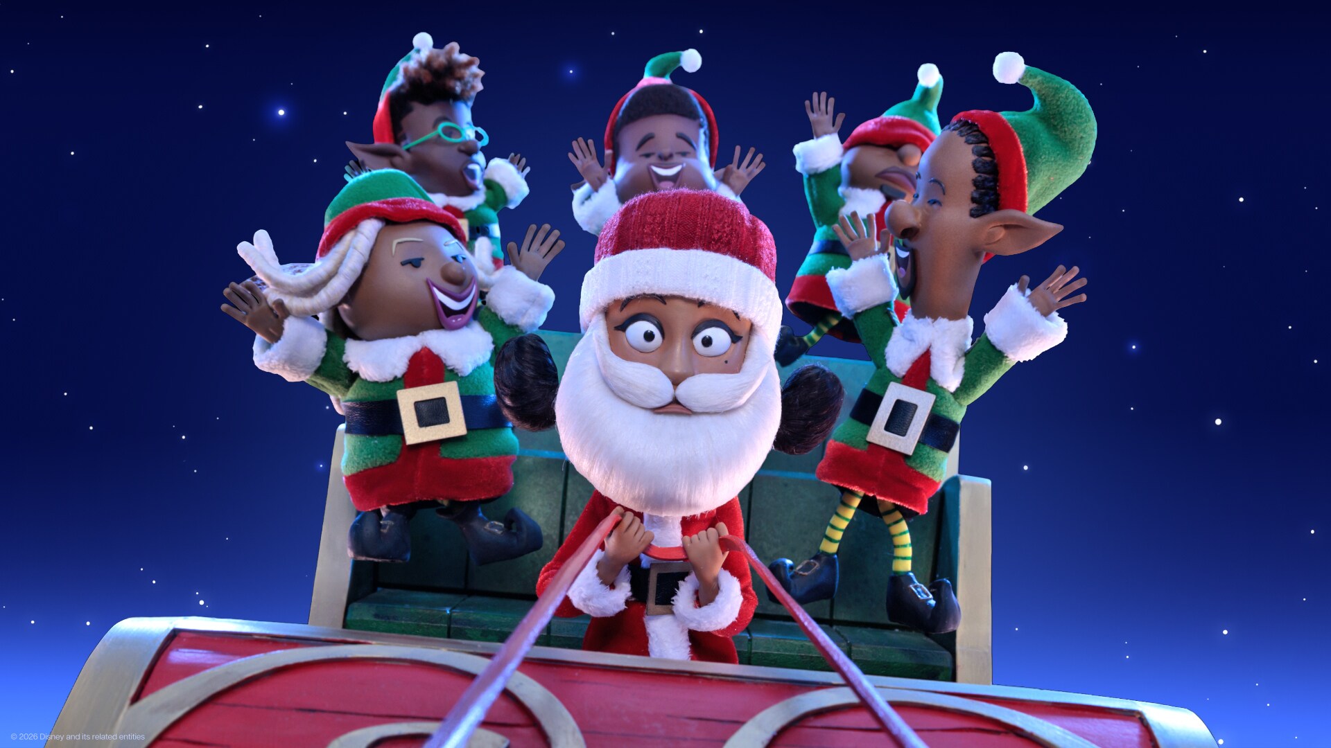A group of cheerful Christmas elves and Santa Claus riding a sleigh against a starry night sky.