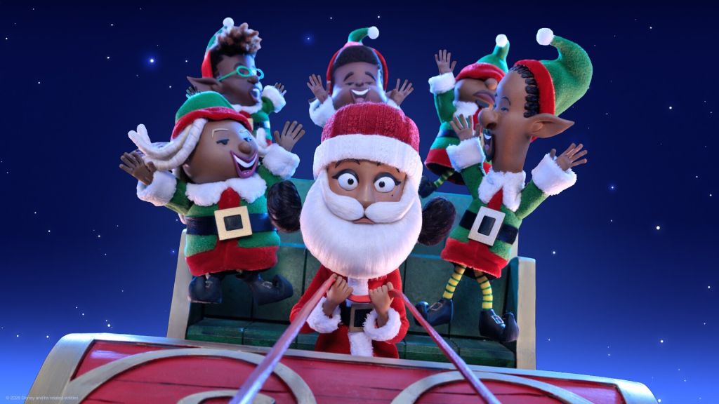 A group of cheerful Christmas elves and Santa Claus riding a sleigh against a starry night sky.