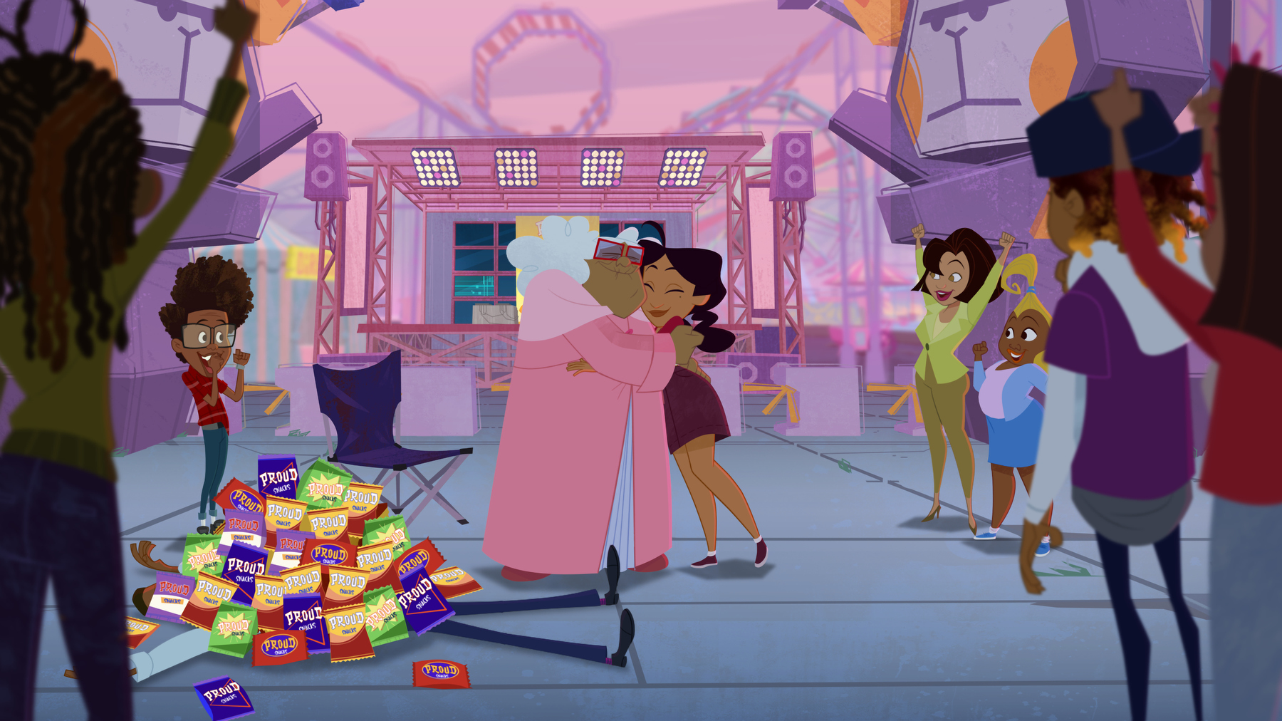 A group of animated characters, including a young woman in a pink dress and a man in a suit, stand in front of a stage with concert lights and speakers. Bags of Proud brand snacks are scattered on the ground.