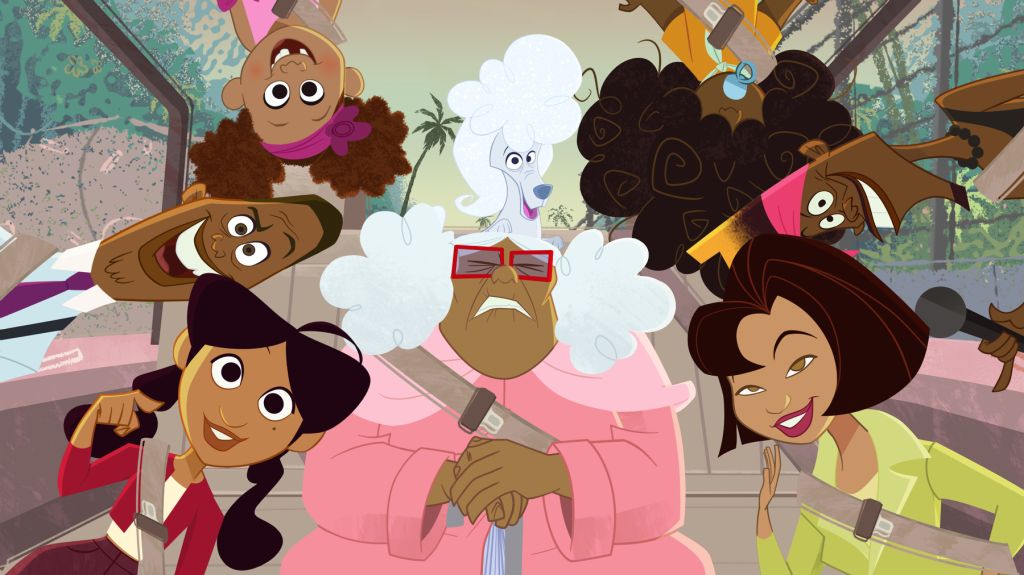 Animated characters from the Disney series "The Proud Family" in a colorful, whimsical scene. Includes Penny, Oscar, CeCe, Suga Mama, Puff, Bebe, Bobby, and Trudy.