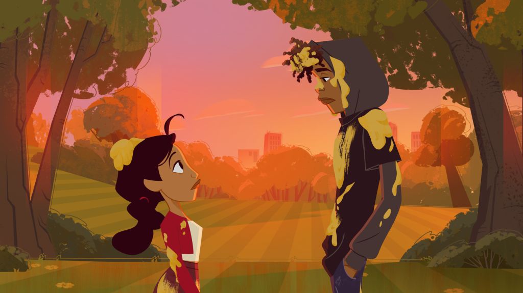 Two animated characters, Penny and Kareem, standing in a colorful autumn forest landscape at sunset.