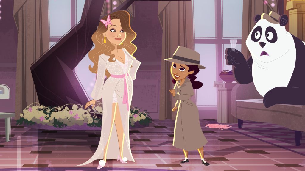 A glamorously dressed woman stands in a lavish setting, with a young girl and a panda-like character behind her.
