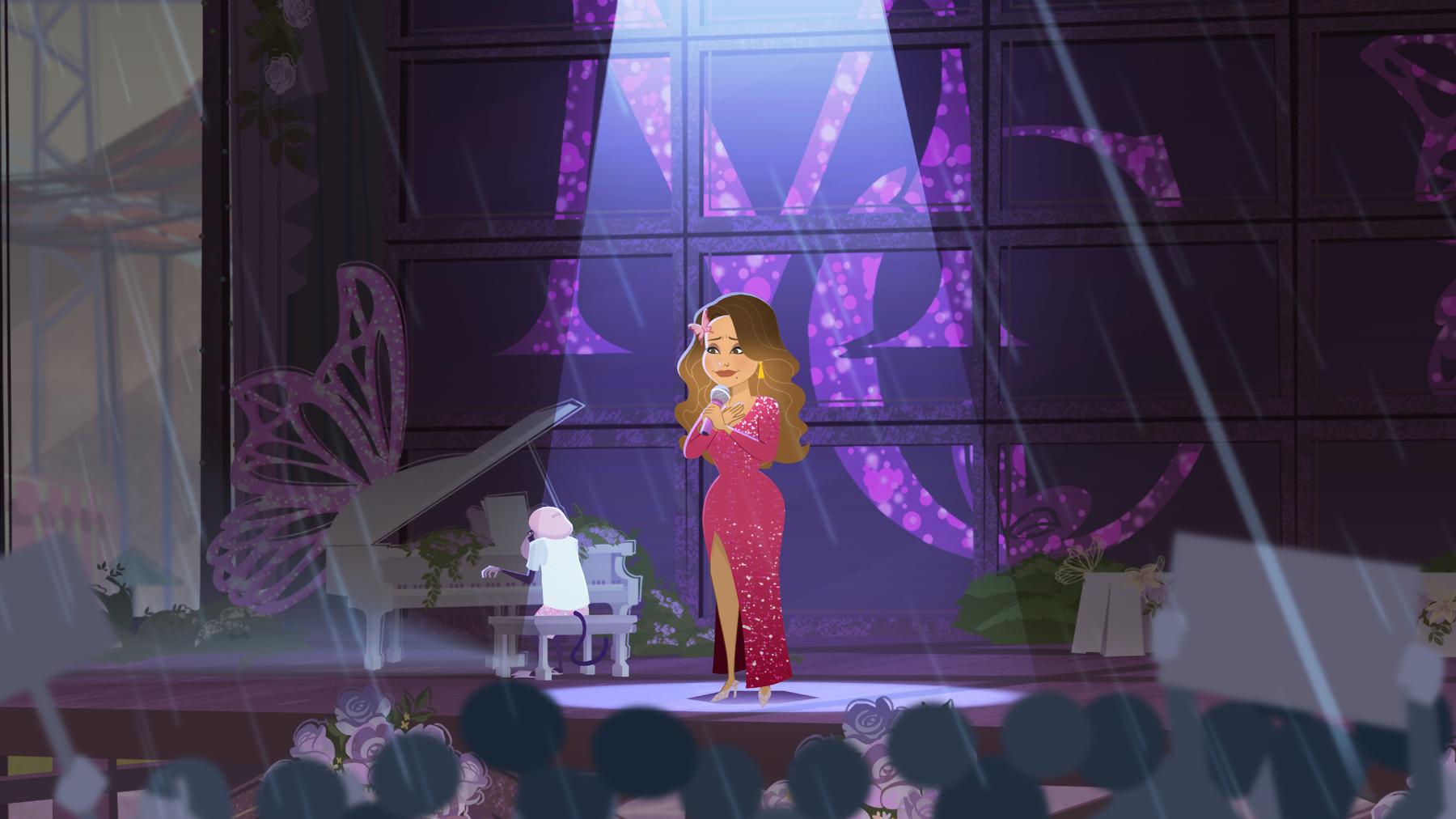 A woman in a red sequin dress stands on a stage with a piano and other props in a colorful, theatrical setting.