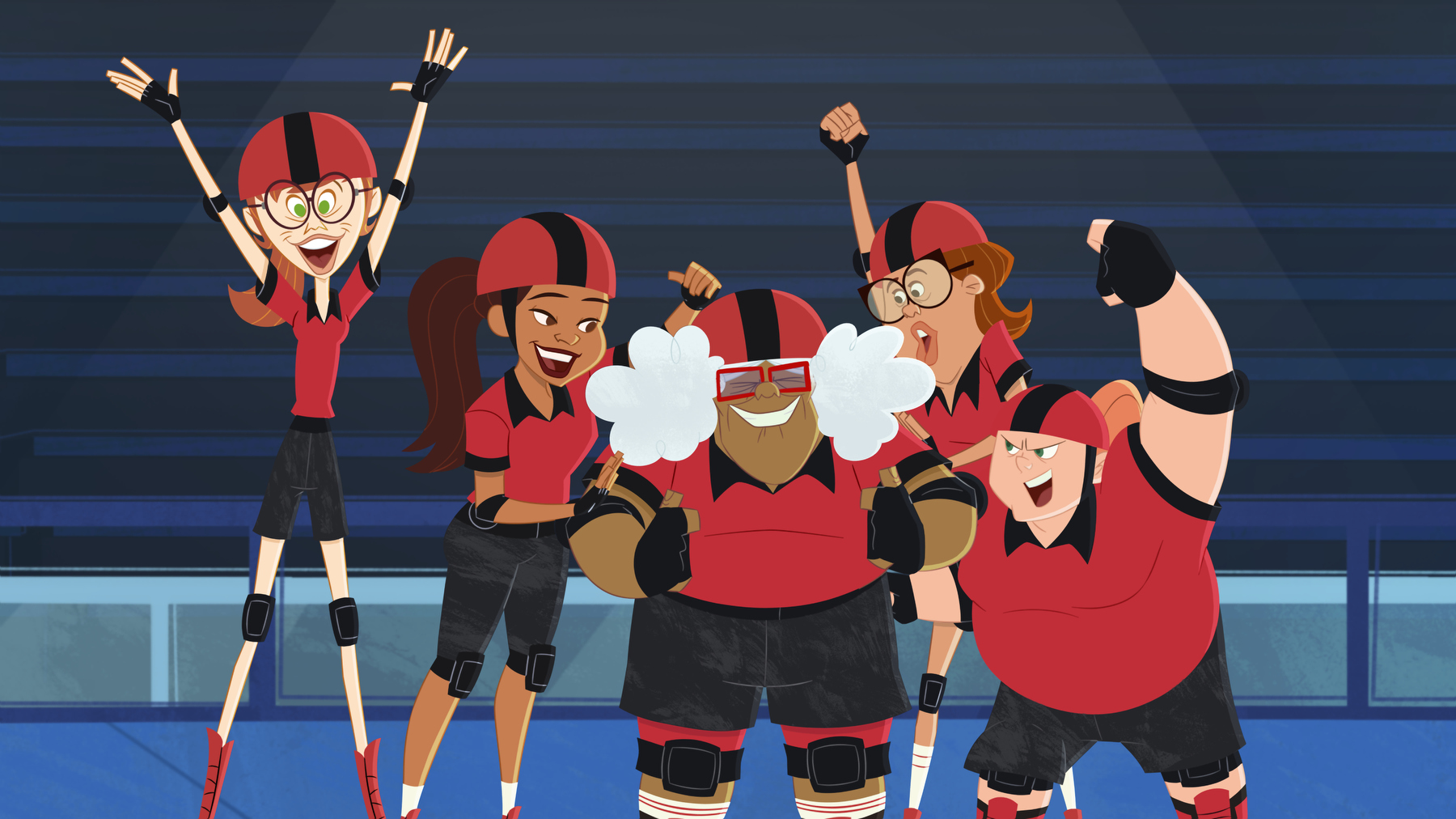 A group of animated characters in red uniforms celebrating and cheering with enthusiasm. The characters include Zoey, Sunset, Suga Mama, Principal Hightower, and Bufferina.