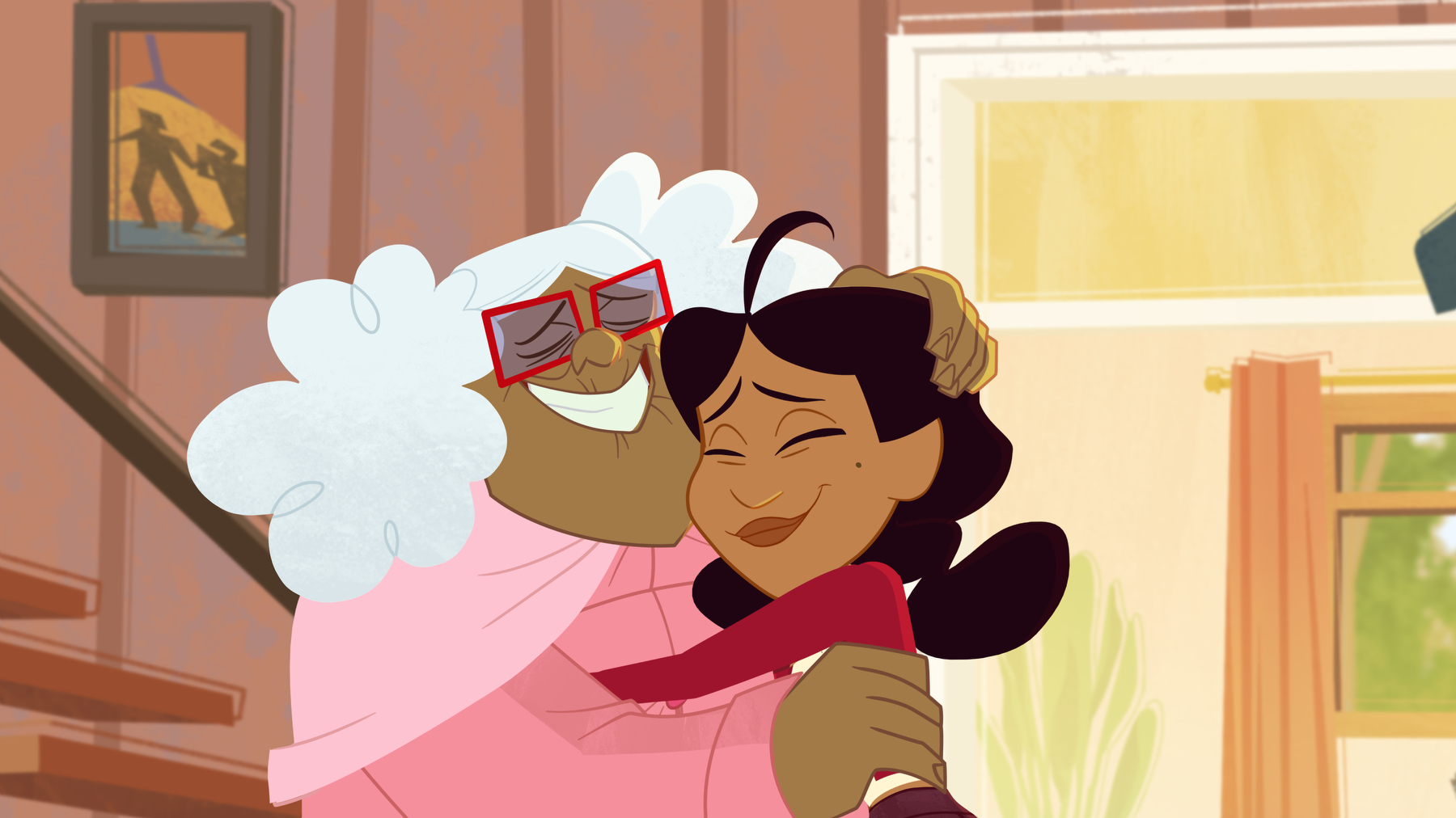 Two animated characters, a woman in a pink dress and a large, smiling woman, embracing in a room with framed artwork on the walls.