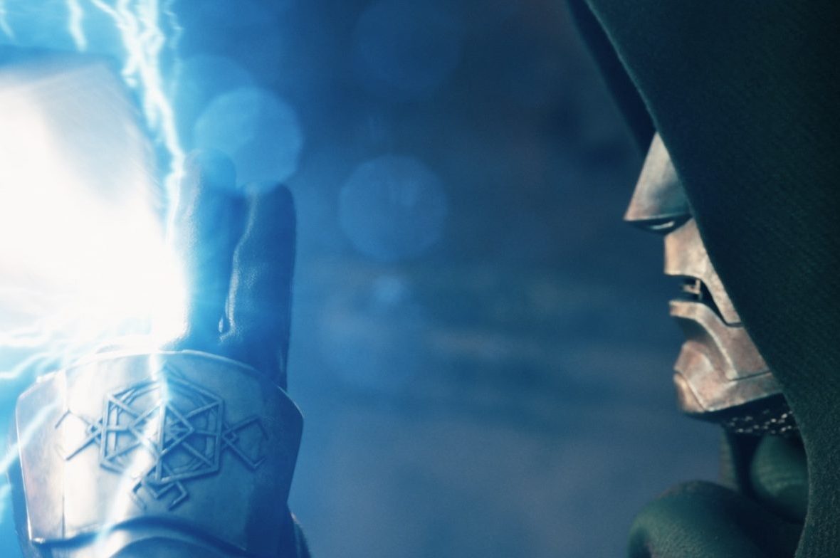 A gloved hand with a blue energy blast emanating from it, against a dark, stormy background.
