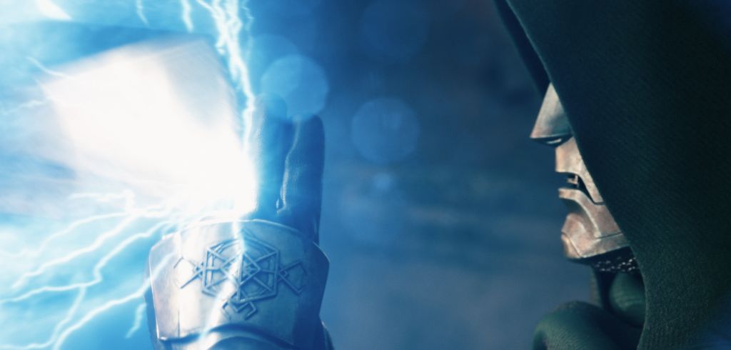 A gloved hand with a blue energy blast emanating from it, against a dark, stormy background.