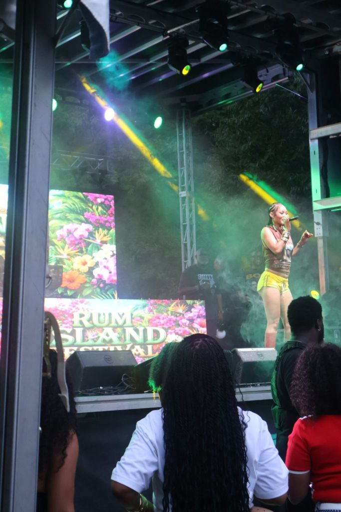 A performer on stage at the Rum Island Festival, singing into a microphone while surrounded by colorful lighting and a large floral backdrop.