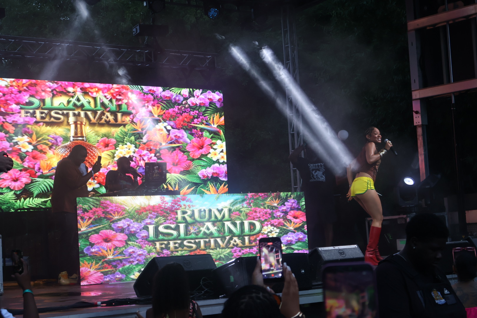 A nighttime music festival with a large colorful backdrop displaying "Rum Island Festival" and a performer on stage in front of the crowd.