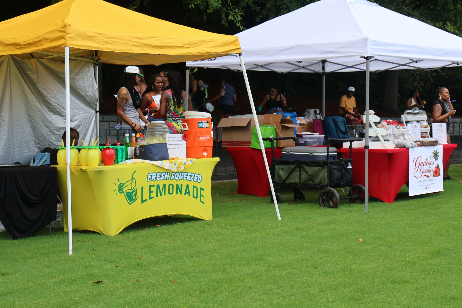 Outdoor market stalls with tents, selling lemonade, clothing, and other goods on a grassy field.