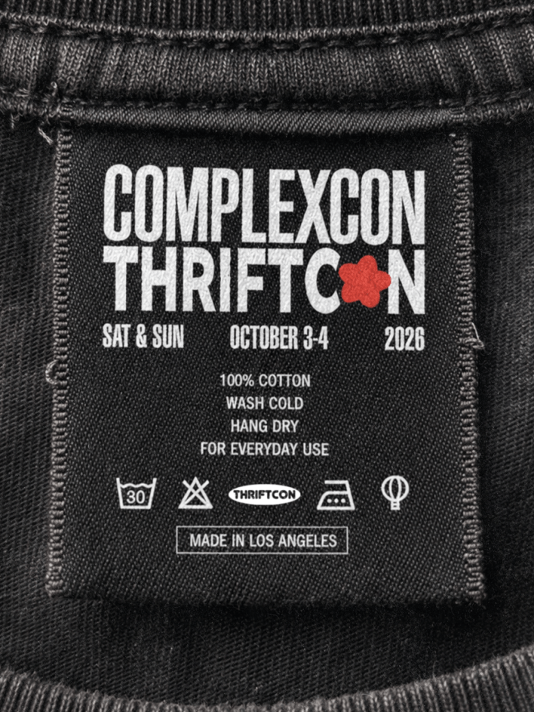 Clothing label for "Complexcon Thriftcon" event on October 3-4, 2026 in Los Angeles, featuring a red clover logo.