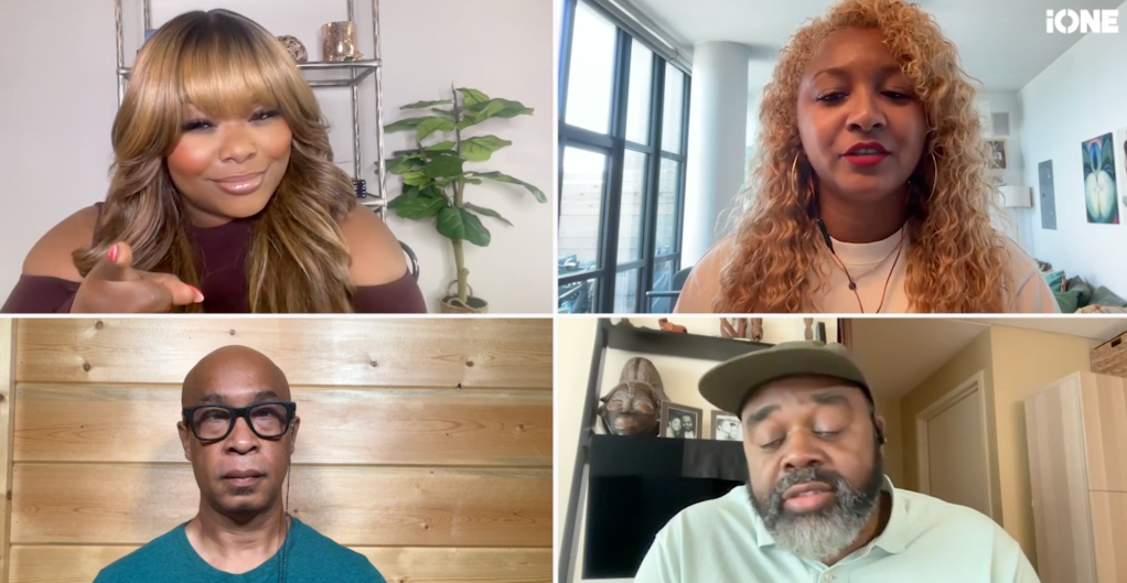 Four people in a video call, including a woman with long blonde hair, a woman with curly red hair, a bald man wearing glasses, and a man with a beard.