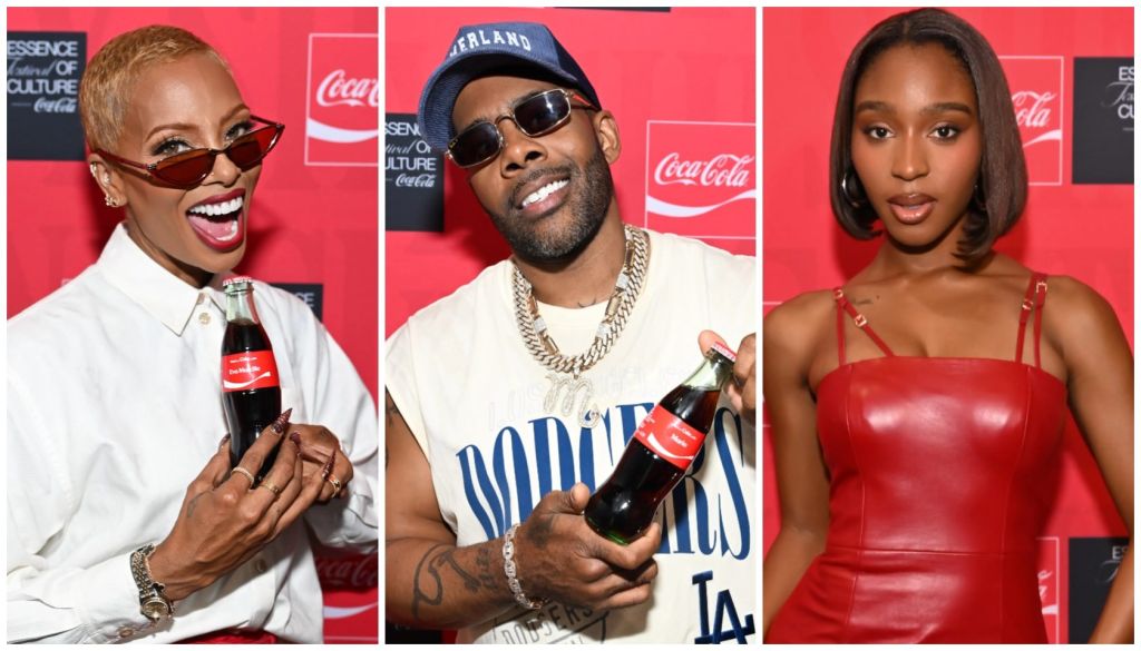 Three people posing with Coca-Cola bottles: a woman in a white outfit and sunglasses, a man in a Dodgers hat and necklace, and a woman in a red leather dress.