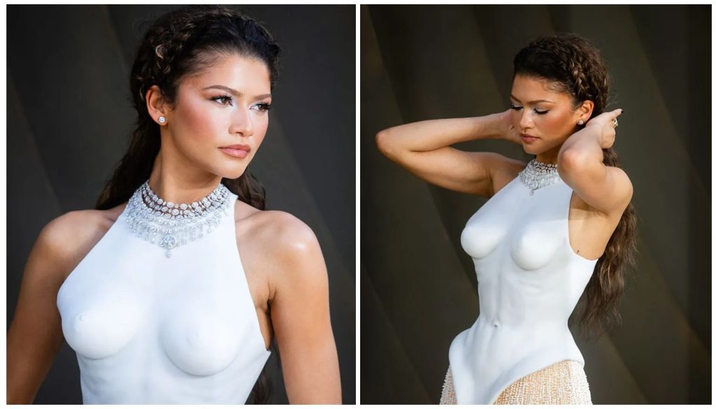 Two portraits of a woman in a white dress with a bejeweled neckline, posing with her arms raised.