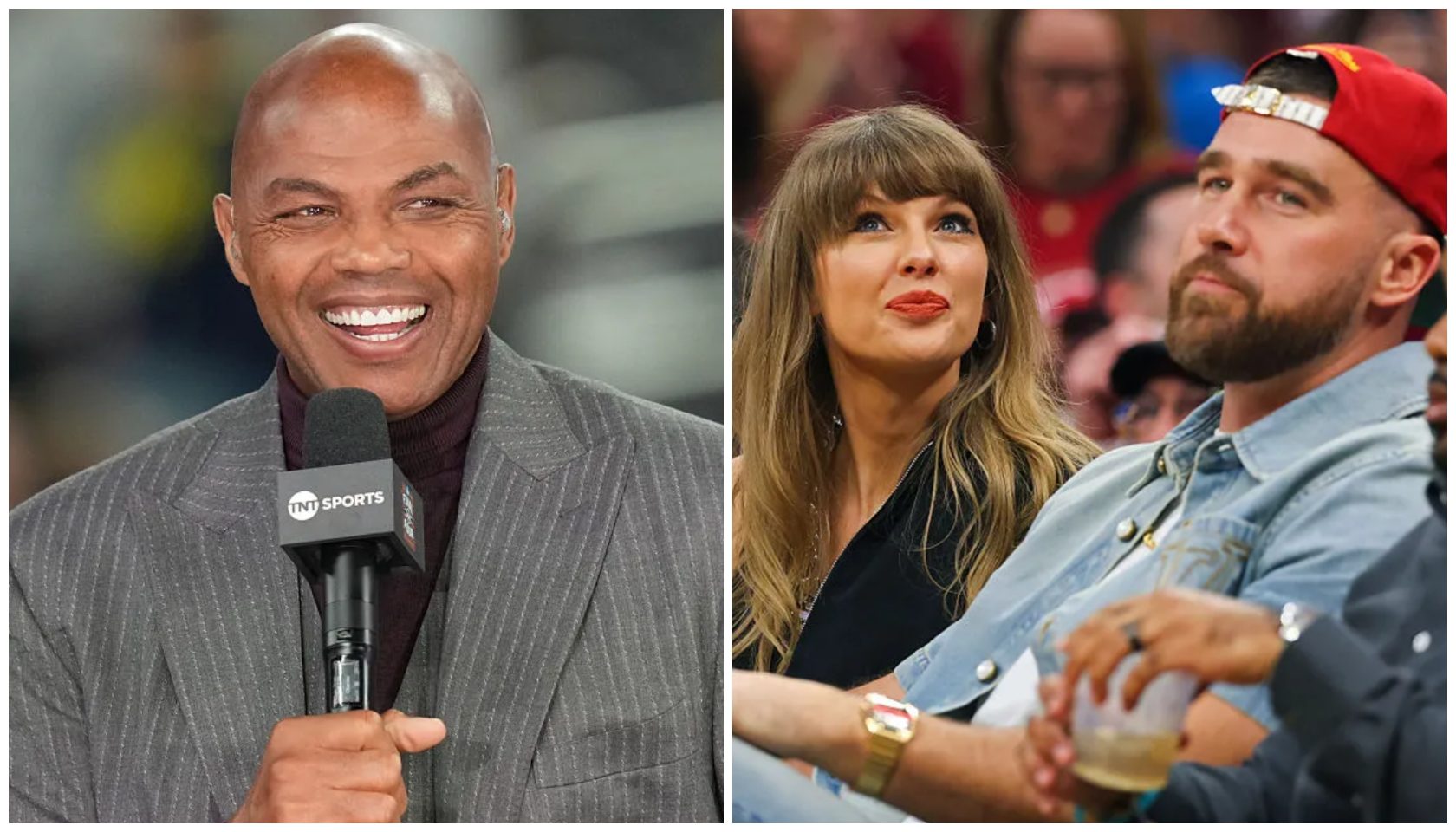 A smiling Black man in a gray suit being interviewed on TNT Sports, and a woman with long blonde hair and a red dress standing next to a bearded man in a red hat at a sporting event.