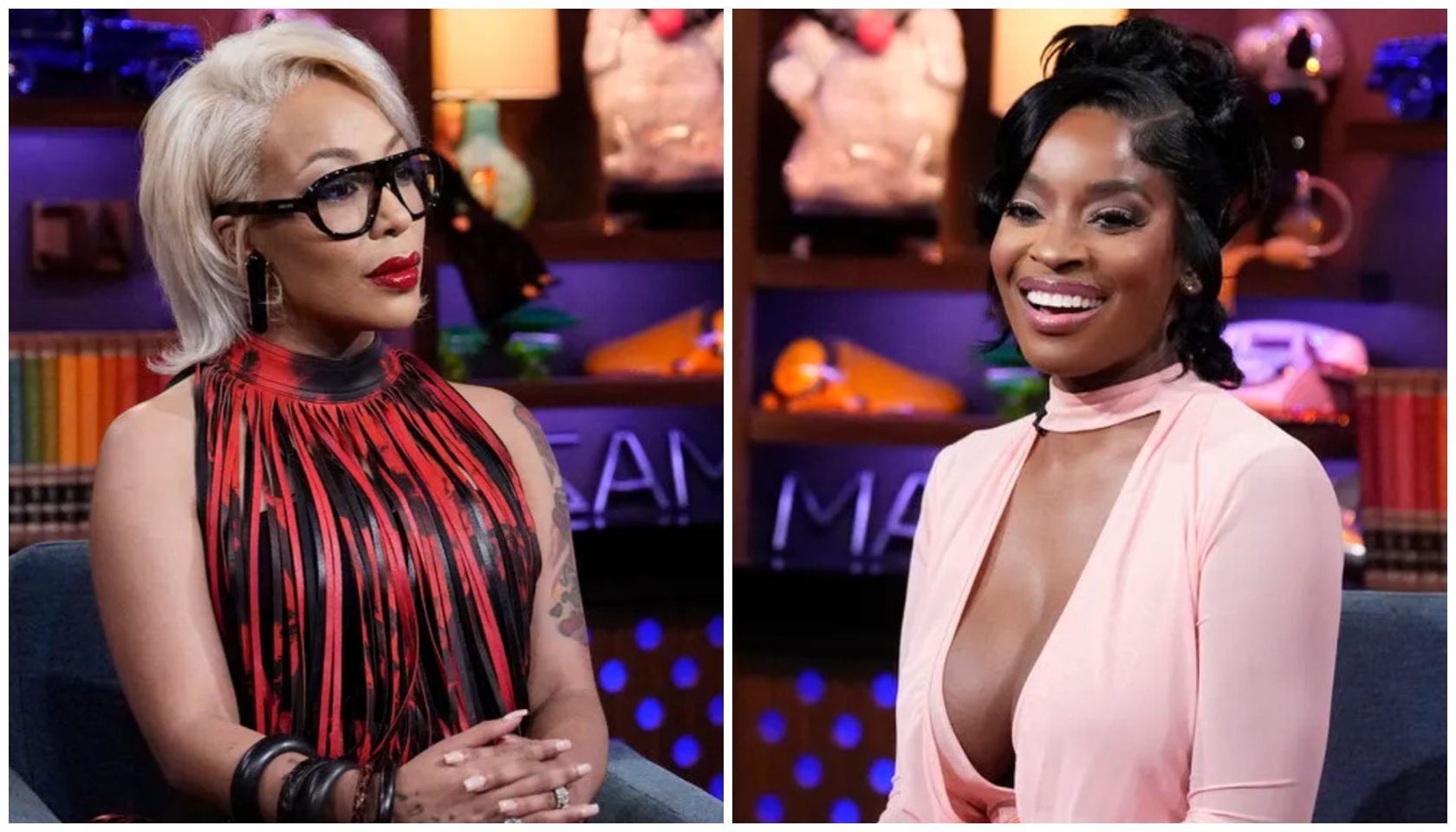 Two women in colorful outfits posing on a set with "LIVE" signage visible.