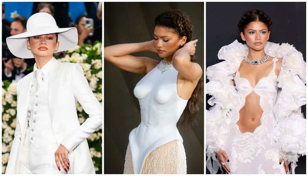 Three images of fashionable women: a woman in a white coat and wide-brimmed hat, a woman in a sparkling white dress, and a woman in a white feathered gown.