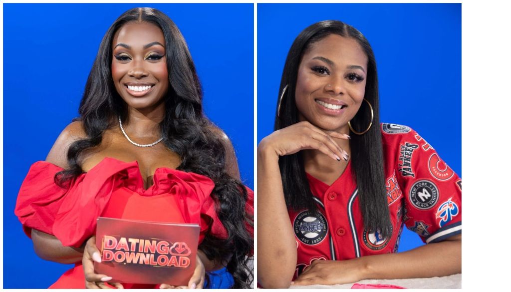 Two smiling women in red outfits, one holding a "Dating Download" box and the other wearing a jersey with logos.