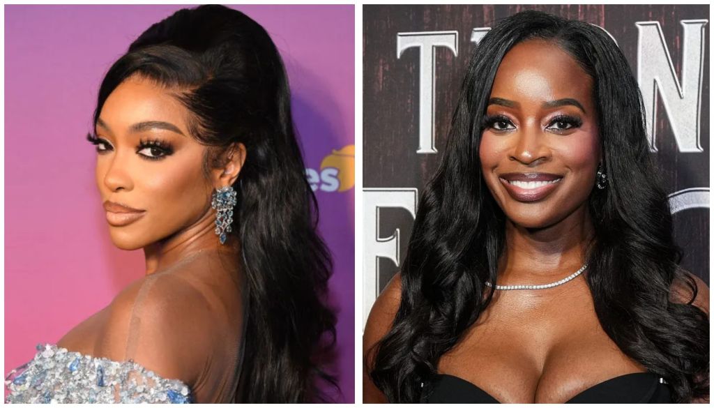 Two images of Black women with long, dark hair. The woman on the left wears a sparkling blue dress and the woman on the right wears a black dress with a plunging neckline.