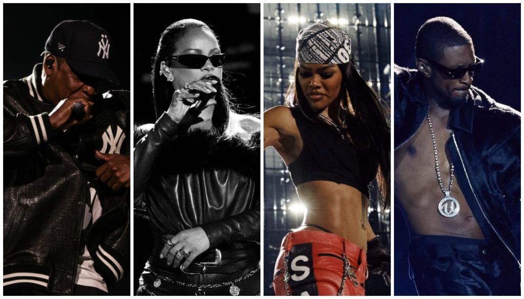 Four black-and-white portraits of hip-hop artists performing on stage, wearing sunglasses, hats, and stylish outfits.