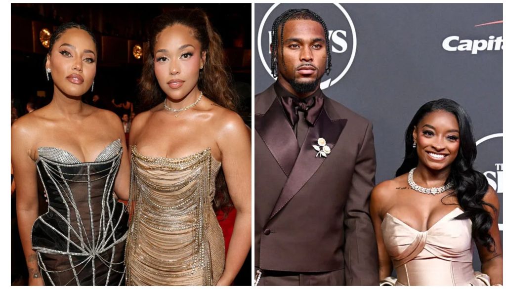 Two images: (1) Two women in glamorous dresses posing together, (2) A man and woman in formal attire posing on a red carpet, with the man wearing a purple suit and the woman wearing a white dress.