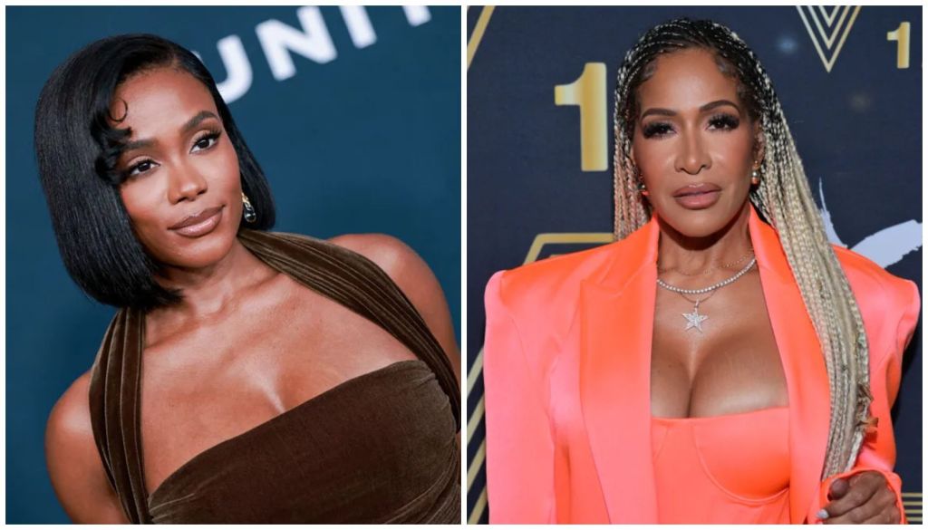 Two images of Black women in glamorous attire. One has long dark hair and a brown dress, the other has braided blonde hair and a bright pink jacket.
