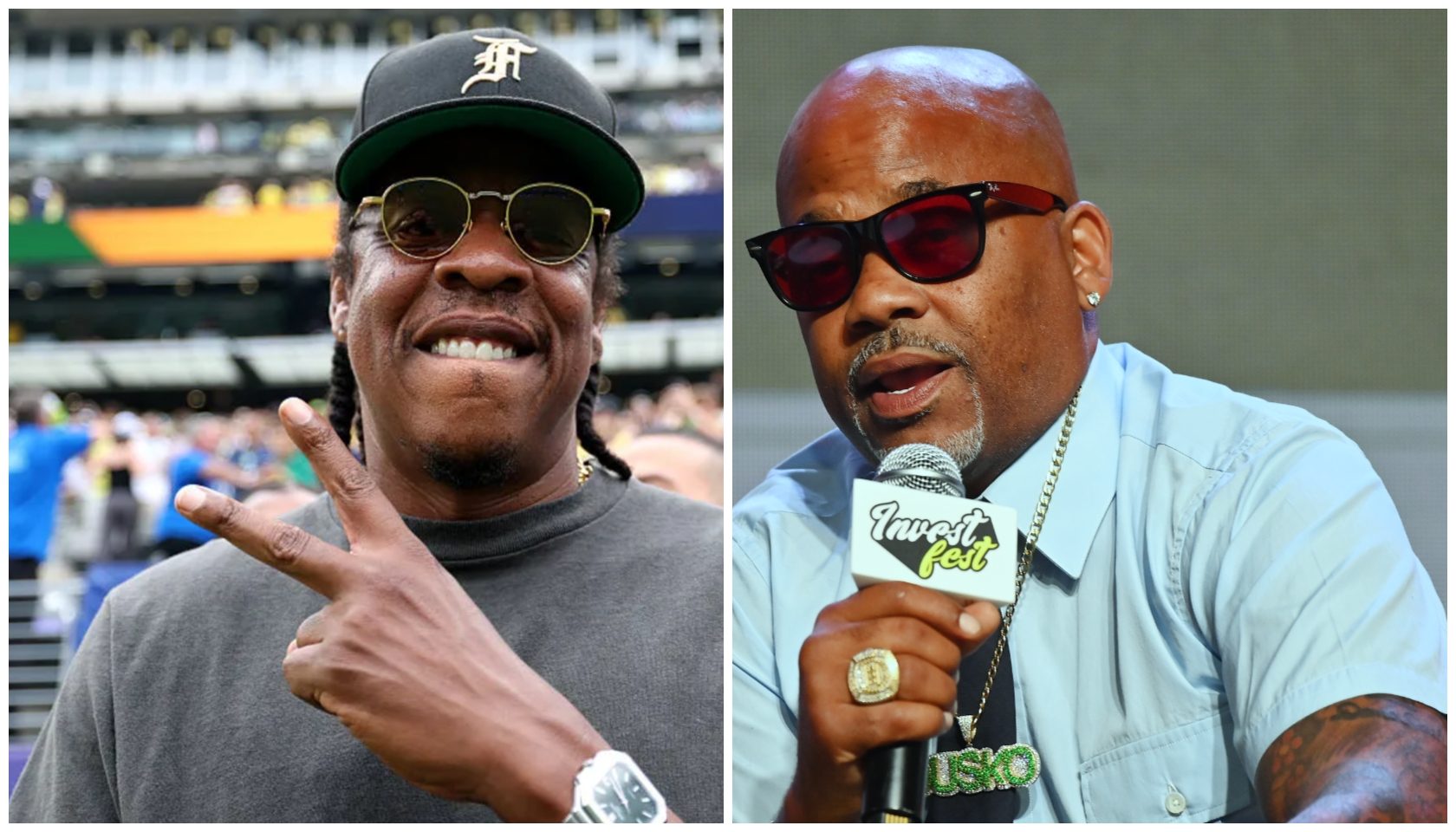 Two Black men wearing sunglasses and hats, one making a peace sign and the other holding a microphone and speaking into it.