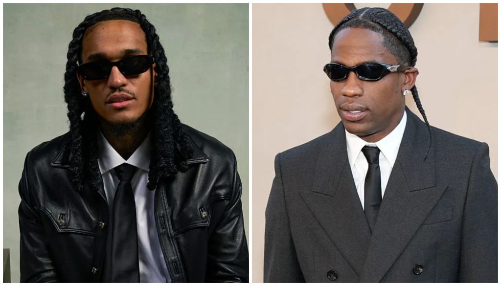 Two portraits of a Black man wearing sunglasses, one in a leather jacket and the other in a suit and tie.