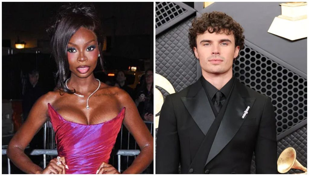 A woman in a red dress posing at an event, and a man in a black suit standing in front of a patterned background.