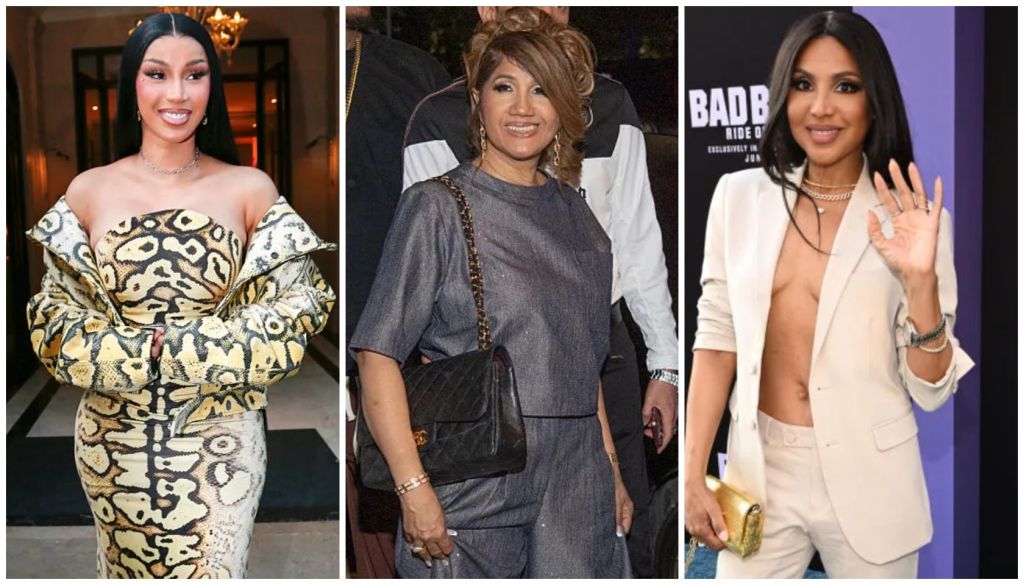 Three images of women in stylish outfits: a woman in a leopard print dress, a woman in a gray dress, and a woman in a white suit.