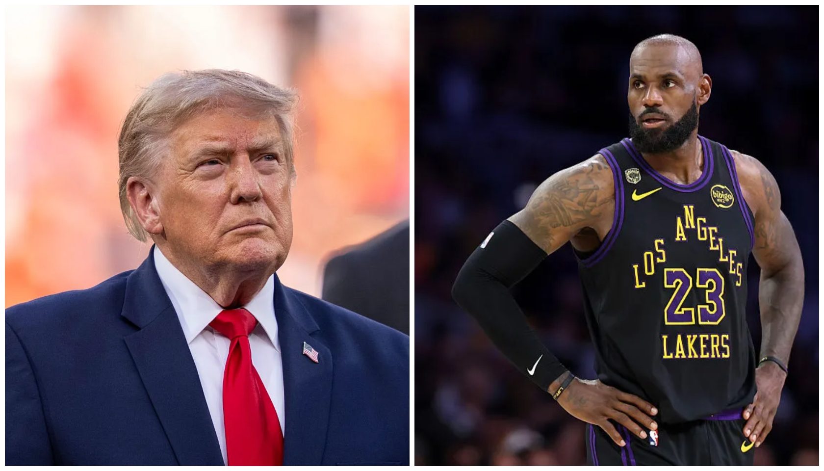 Donald Trump in a suit and tie, looking stern, and LeBron James wearing a Los Angeles Lakers jersey with the number 23.