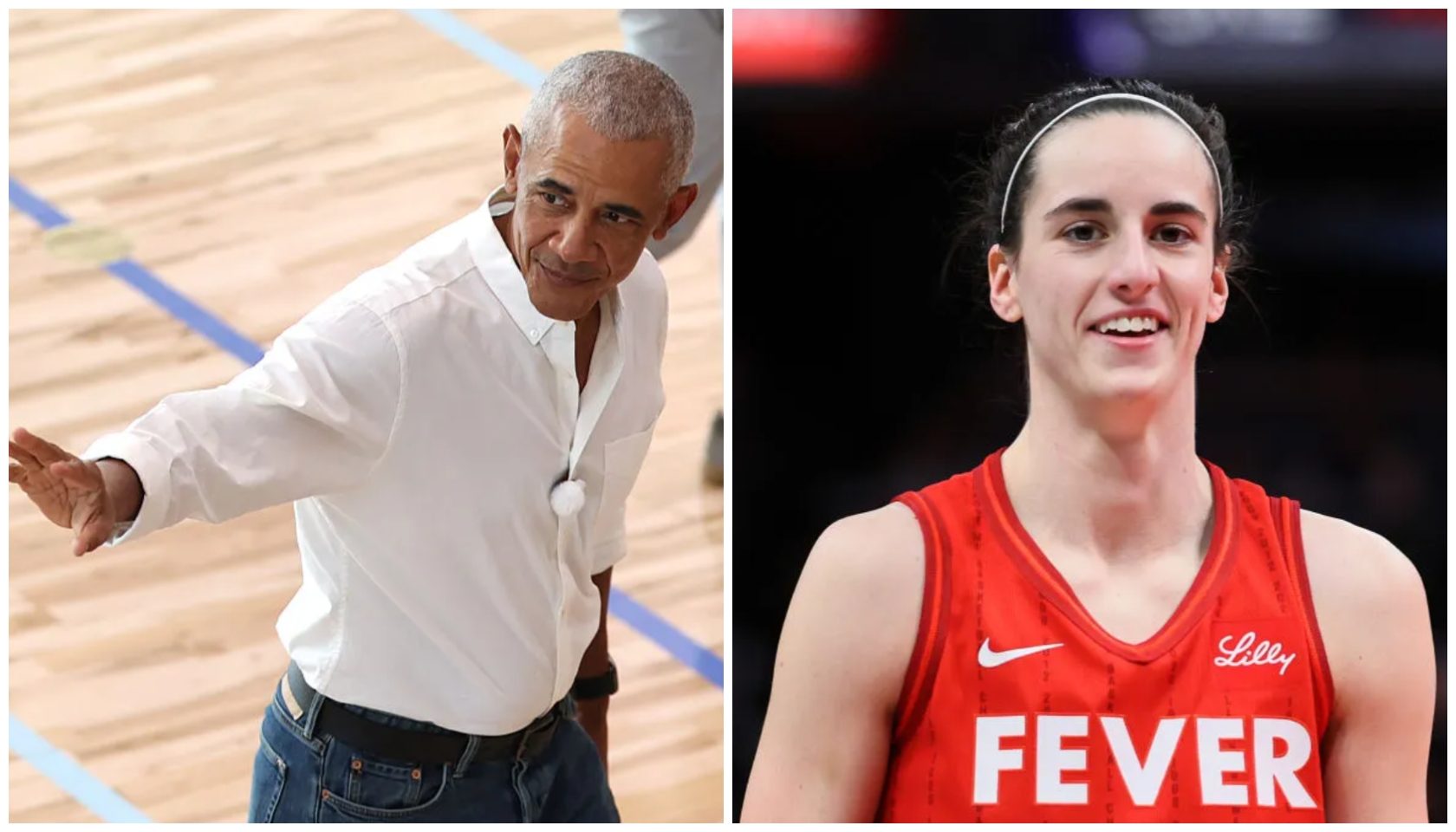 A man in a white shirt and jeans standing on a basketball court, and a woman in a red jersey with "FEVER" printed on it smiling on a basketball court.