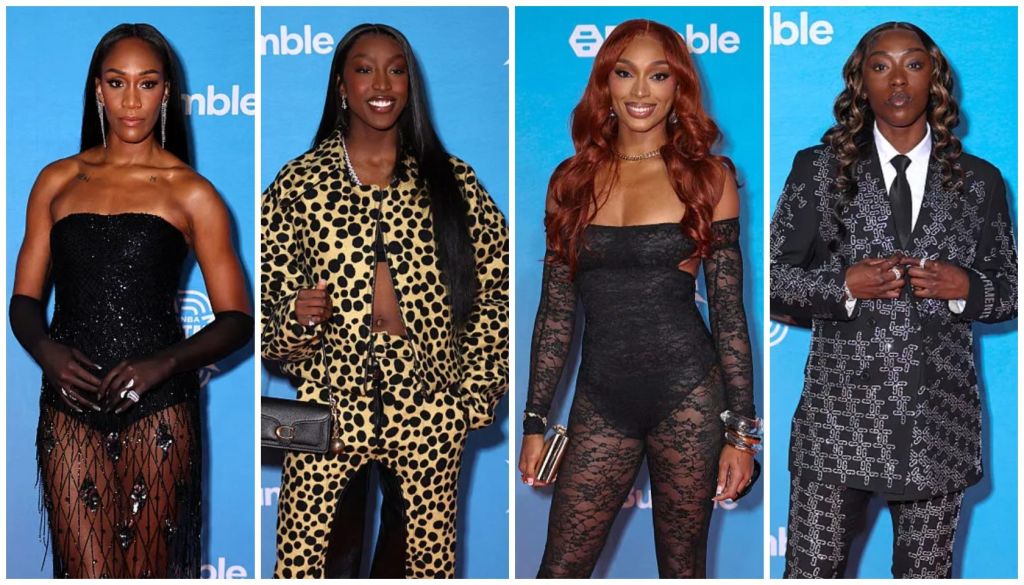 Four people posing at an event, wearing stylish outfits with bold patterns and colors. The Erable logo is visible in the background.