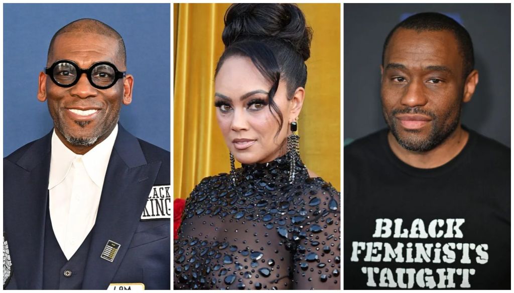 Three portraits of Black entertainers: a smiling man in glasses, a woman with an elaborate updo, and a man wearing a "Black Feminists Taught" t-shirt.