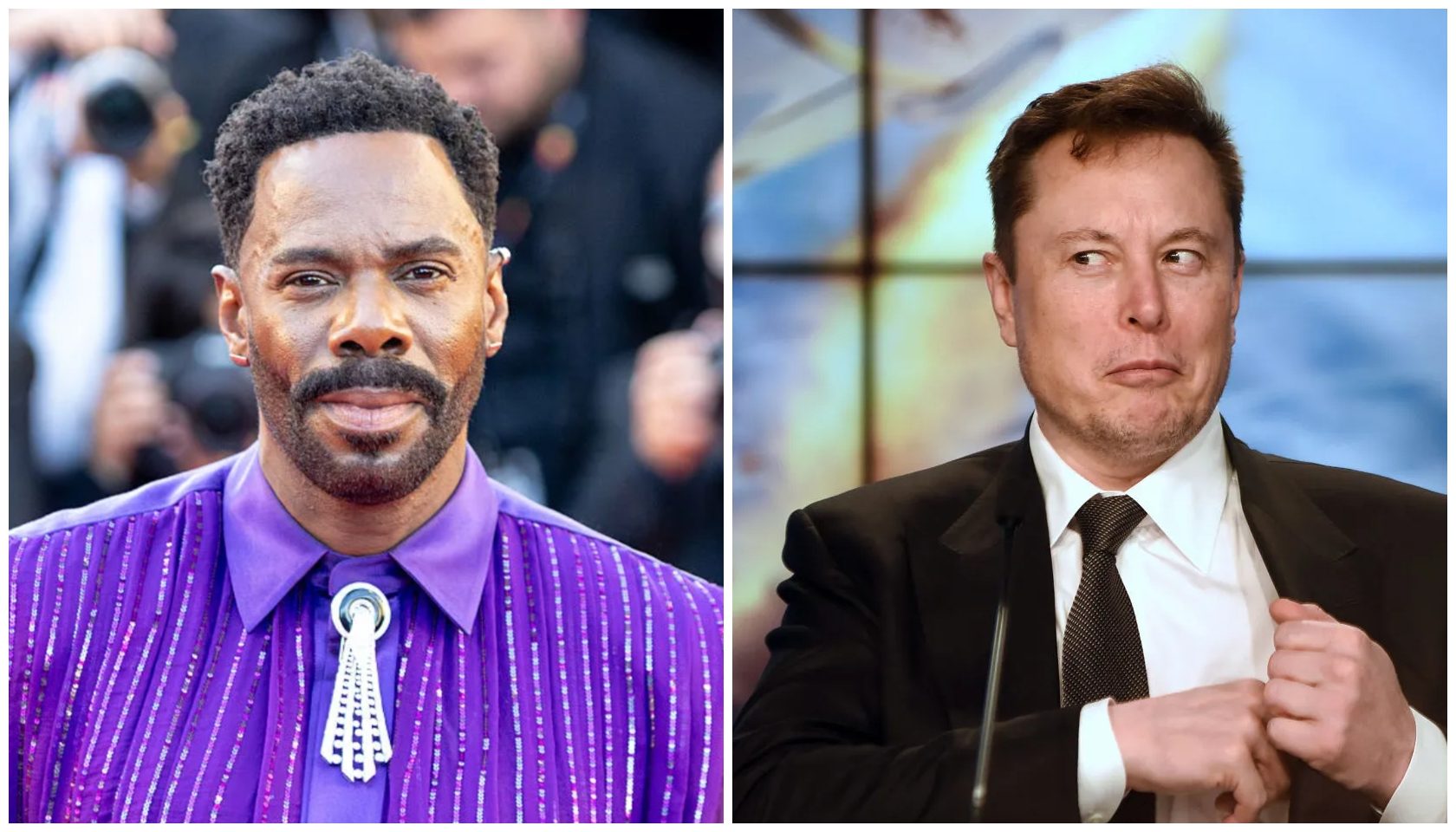 Two portraits: a man in a purple sequined suit and a man in a suit and tie looking serious.
