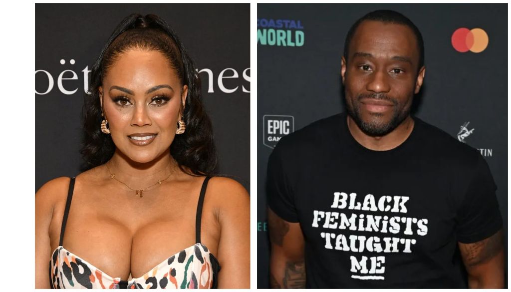 Two portraits: a woman with long dark hair wearing a leopard print dress, and a man wearing a black t-shirt that says "Black Feminists Taught Me".