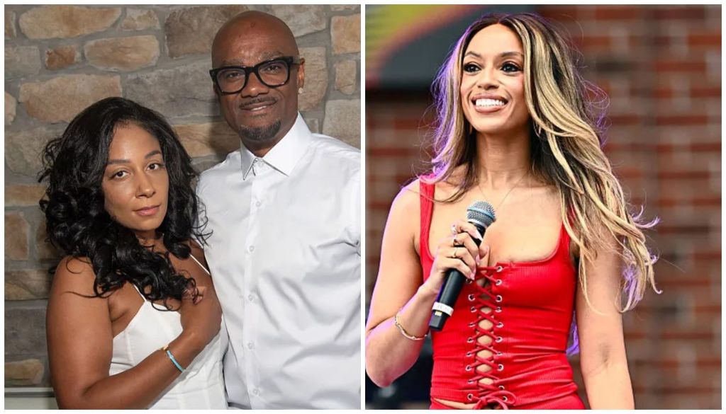 Two people in formal attire, a man in a white shirt and a woman with curly hair, standing together. A woman in a red dress holding a microphone and smiling.
Alicia Brown and Big Tigger x Francesca Amiker