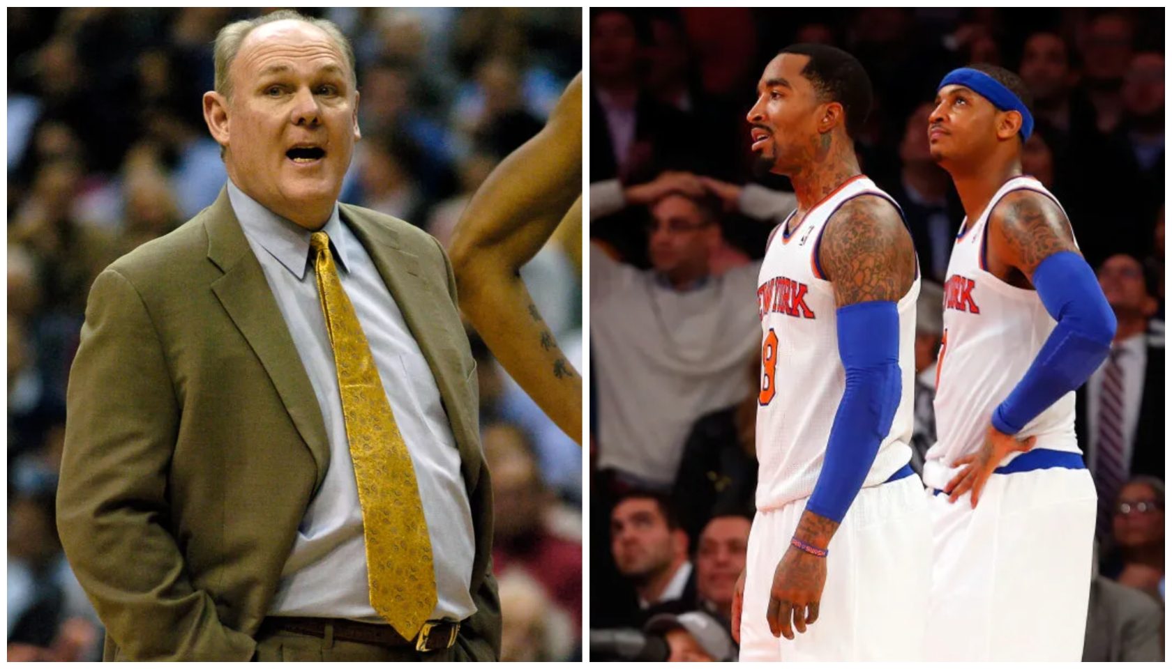 A basketball coach in a suit gesturing animatedly on the sideline. Two basketball players in Knicks uniforms standing on the court.