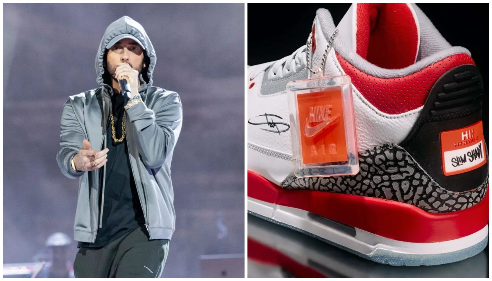 A performer wearing a gray hooded sweatshirt rapping on stage, and a pair of sneakers with "NIKE AIR" and "SHOW SHOW" branding.