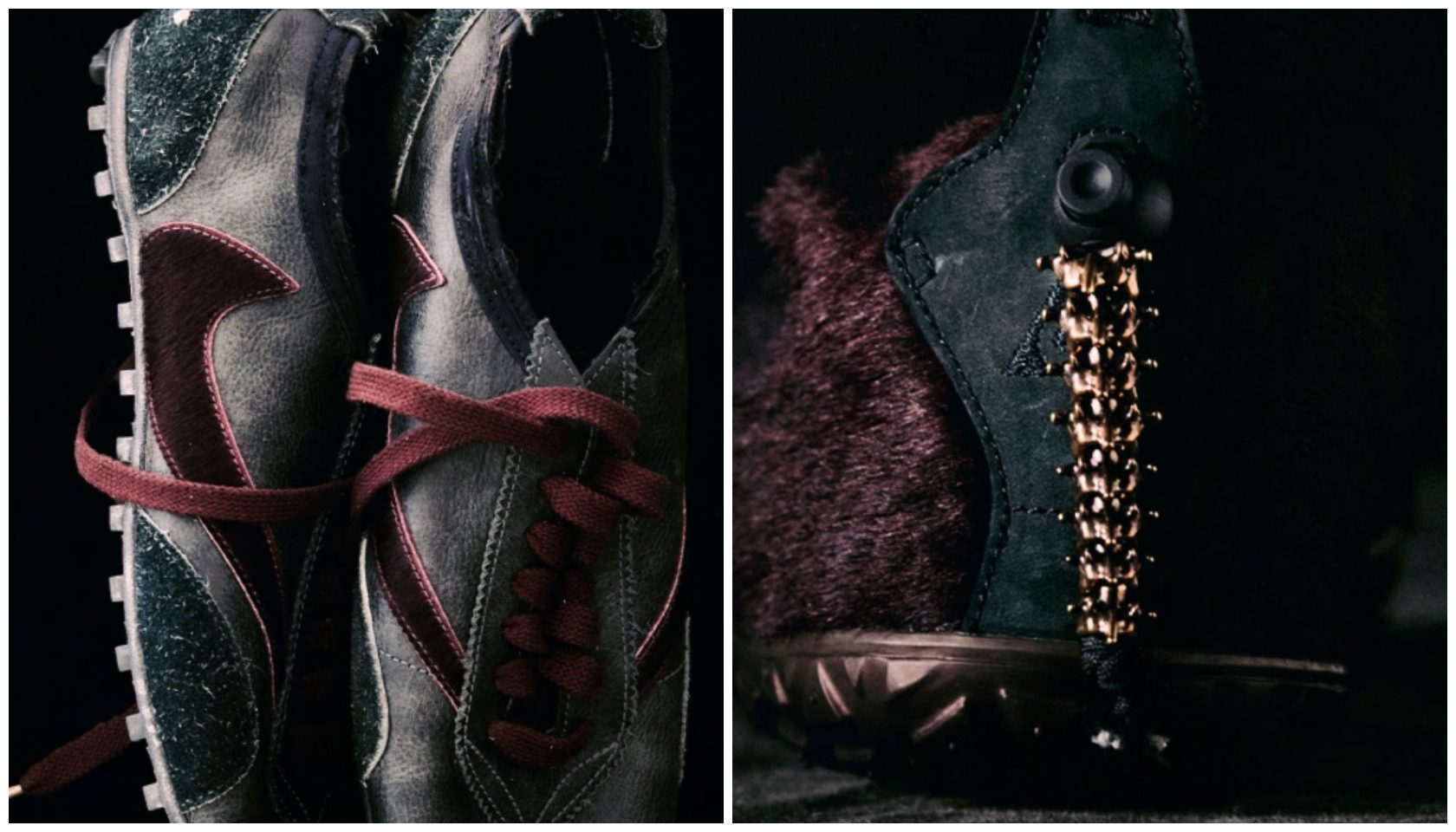 Two close-up images of a pair of black and red hiking boots with laces and a textured sole.