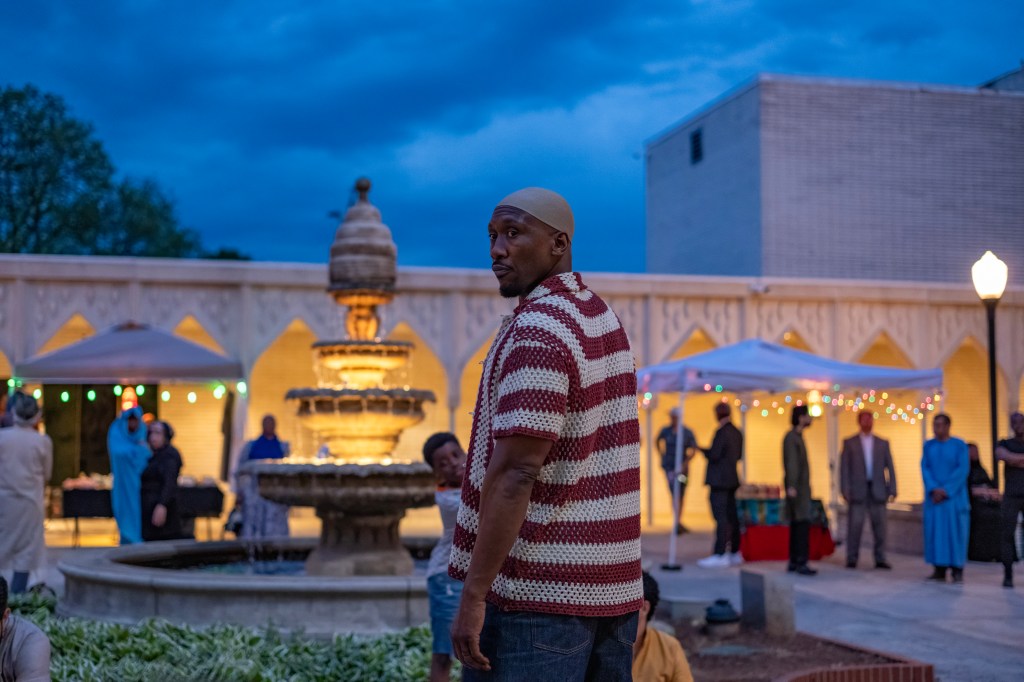 A man in a striped shirt stands in front of a fountain and tents at a nighttime outdoor event, with people in the background.