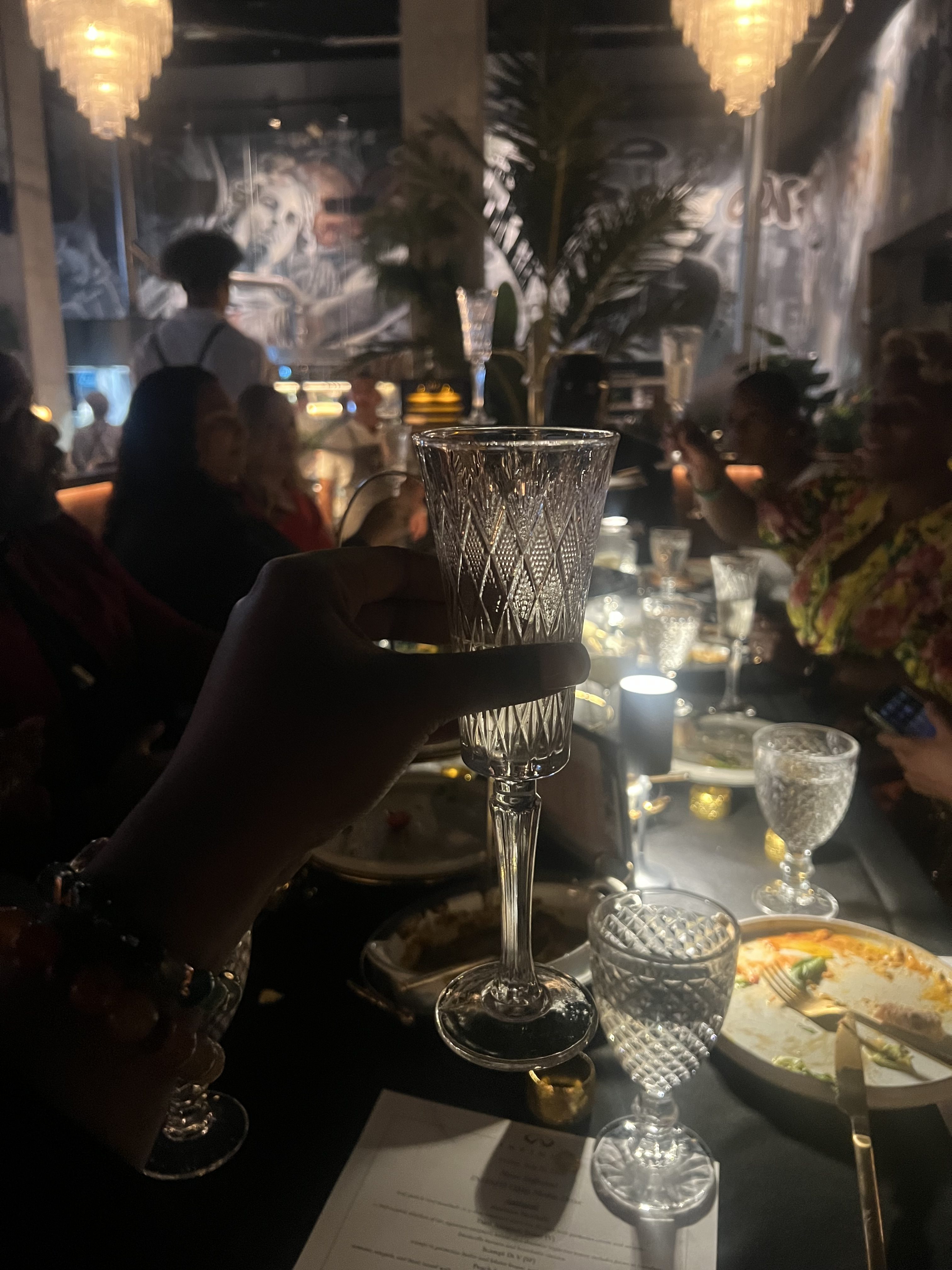 A hand holding a decorative crystal glass filled with a clear liquid, surrounded by other glassware and a dimly lit bar setting with people in the background.