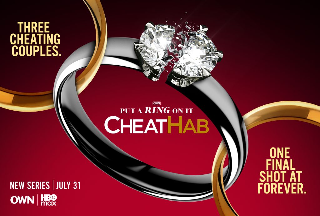 A diamond engagement ring with the text "Cheathab" on a red background, surrounded by gold rings. The text "Three cheating couples. Put a ring on it. One final shot at forever." is displayed.