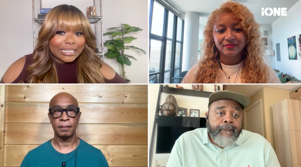 Four people in a video chat, including a woman with blonde hair, a woman with curly red hair, a bald man wearing glasses, and an older man with a beard.